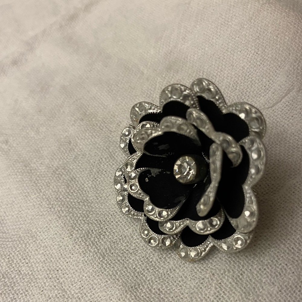 Vintage Germany Aluminum Flower Brooch with Rhinestone Black and Silver Tones